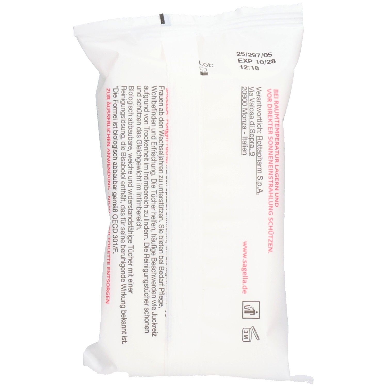 Rückseite der SAGELLA® poliyn 50+ Intimpflegetücher-Packung. Text in deutscher und italienischer Sprache. Haltbarkeitsdatum.