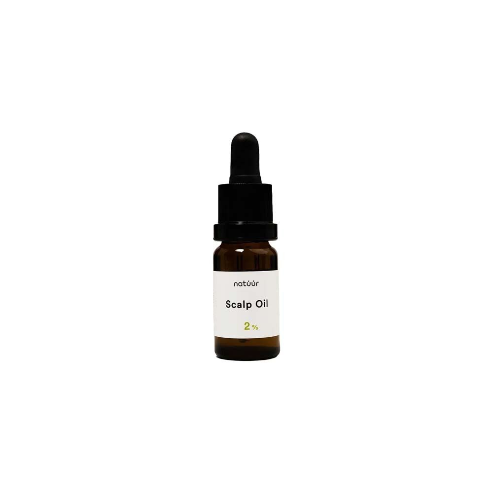 Braune Glasflasche mit Pipettenverschluss, beschriftet mit "natüür Scalp Oil 2%".