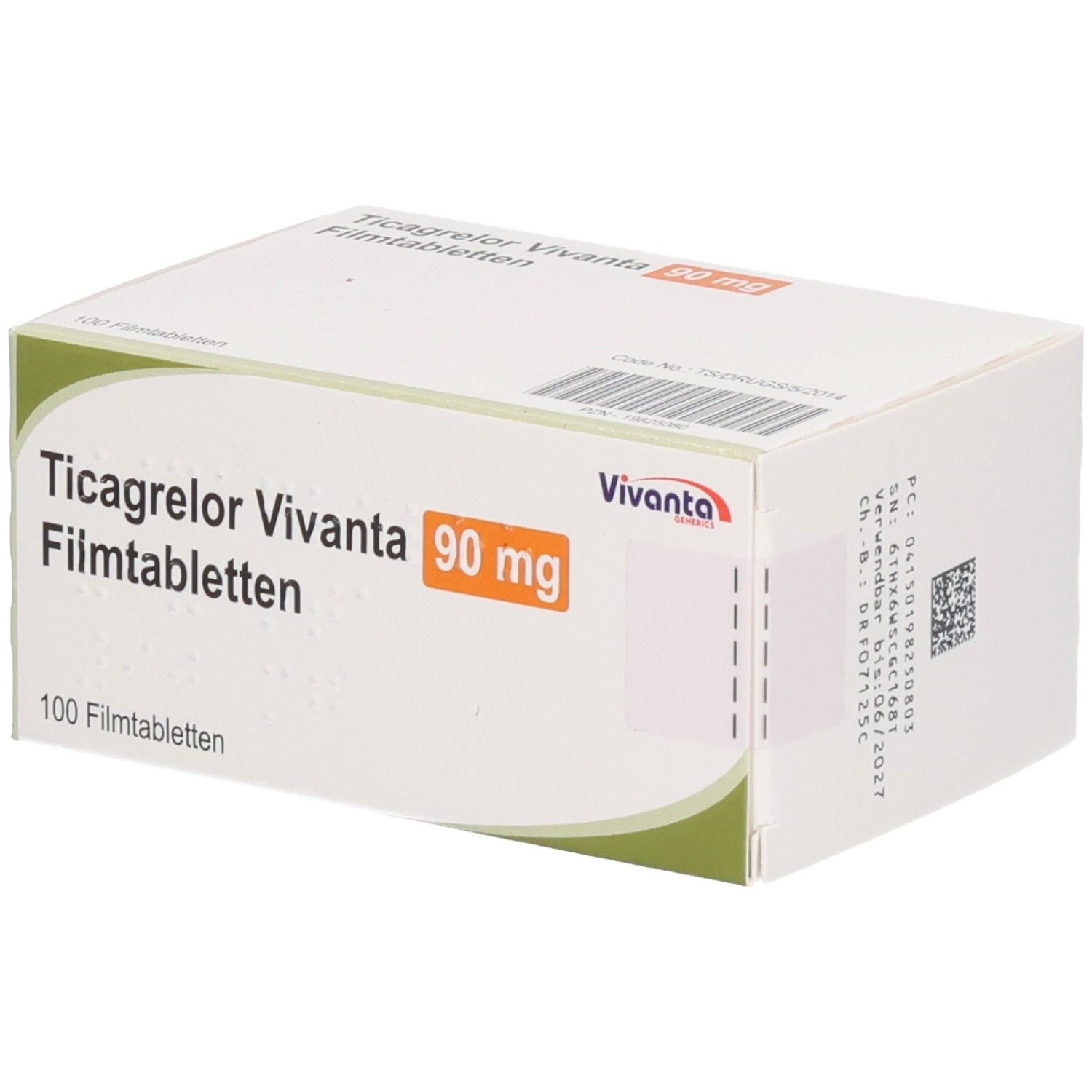 Schachtel mit Ticagrelor Vivanta 90 mg Filmtabletten. 100 Tabletten. Vivanta-Logo. Grün-weiße Verpackung.