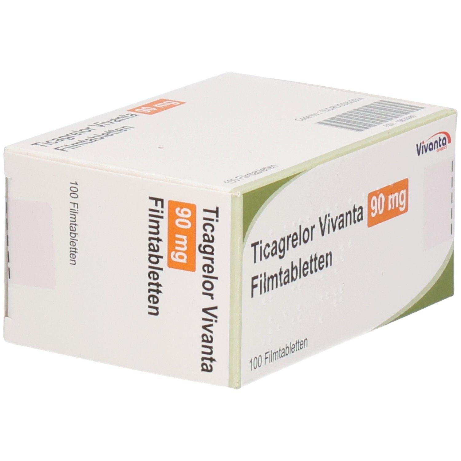 Schachtel mit Ticagrelor Vivanta 90 mg Filmtabletten. 100 Tabletten. Vivanta-Logo. Grün-weiße Verpackung.