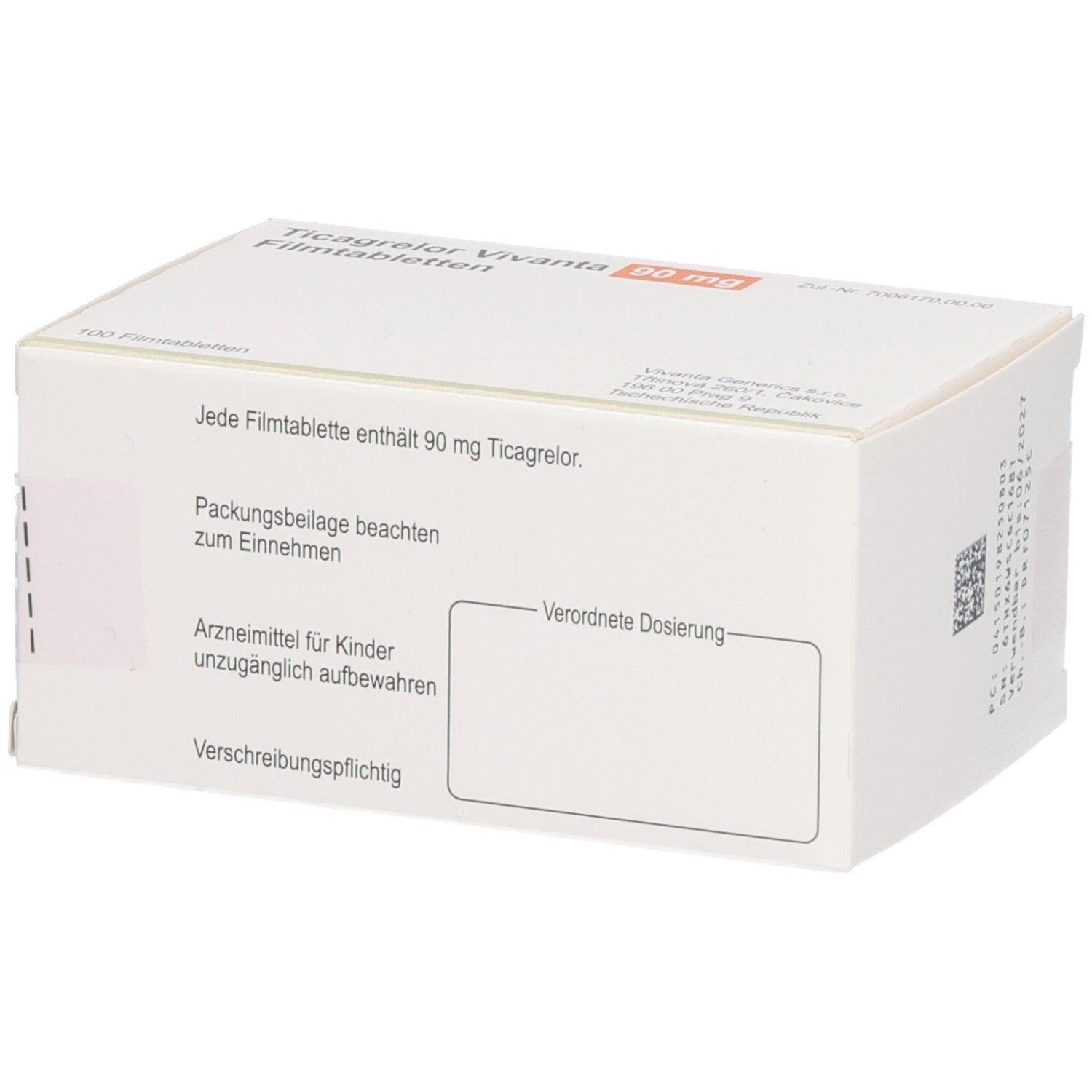 Rückseite der Schachtel mit Ticagrelor Vivanta. Text: 'Jede Filmtablette enthält 90 mg Ticagrelor'.