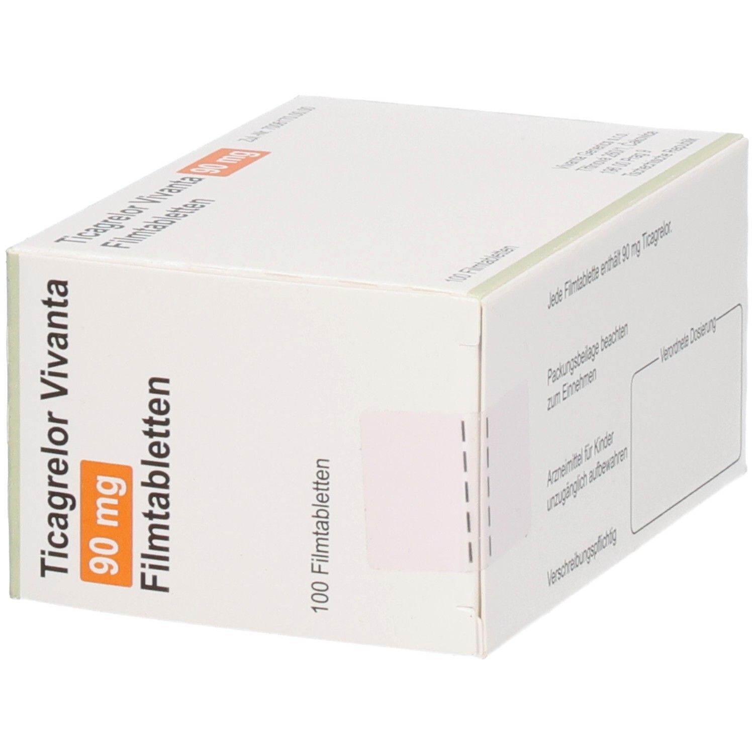 Schachtel mit Ticagrelor Vivanta 90 mg Filmtabletten. 100 Tabletten. Vivanta-Logo. Grün-weiße Verpackung.
