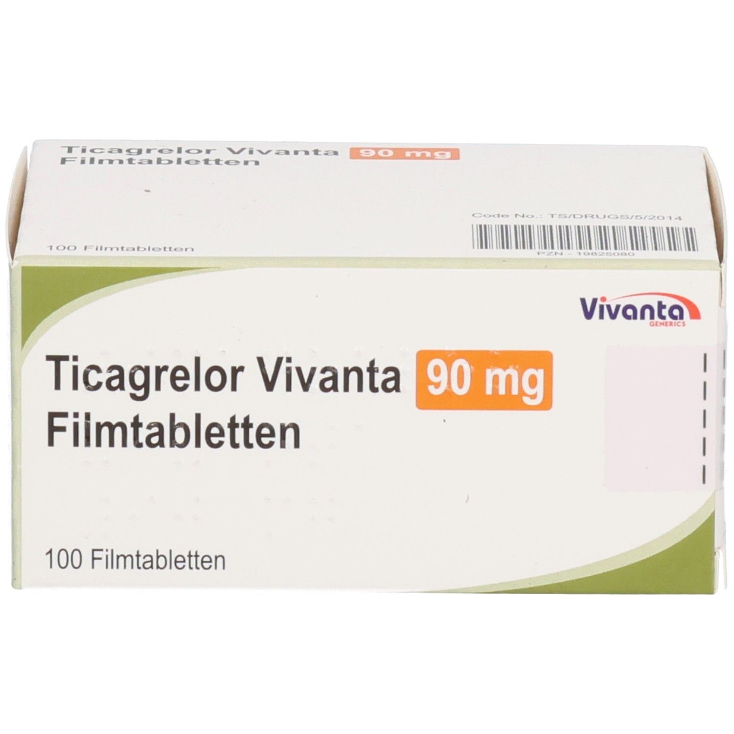Schachtel mit Ticagrelor Vivanta 90 mg Filmtabletten. 100 Tabletten. Vivanta-Logo. Grün-weiße Verpackung.