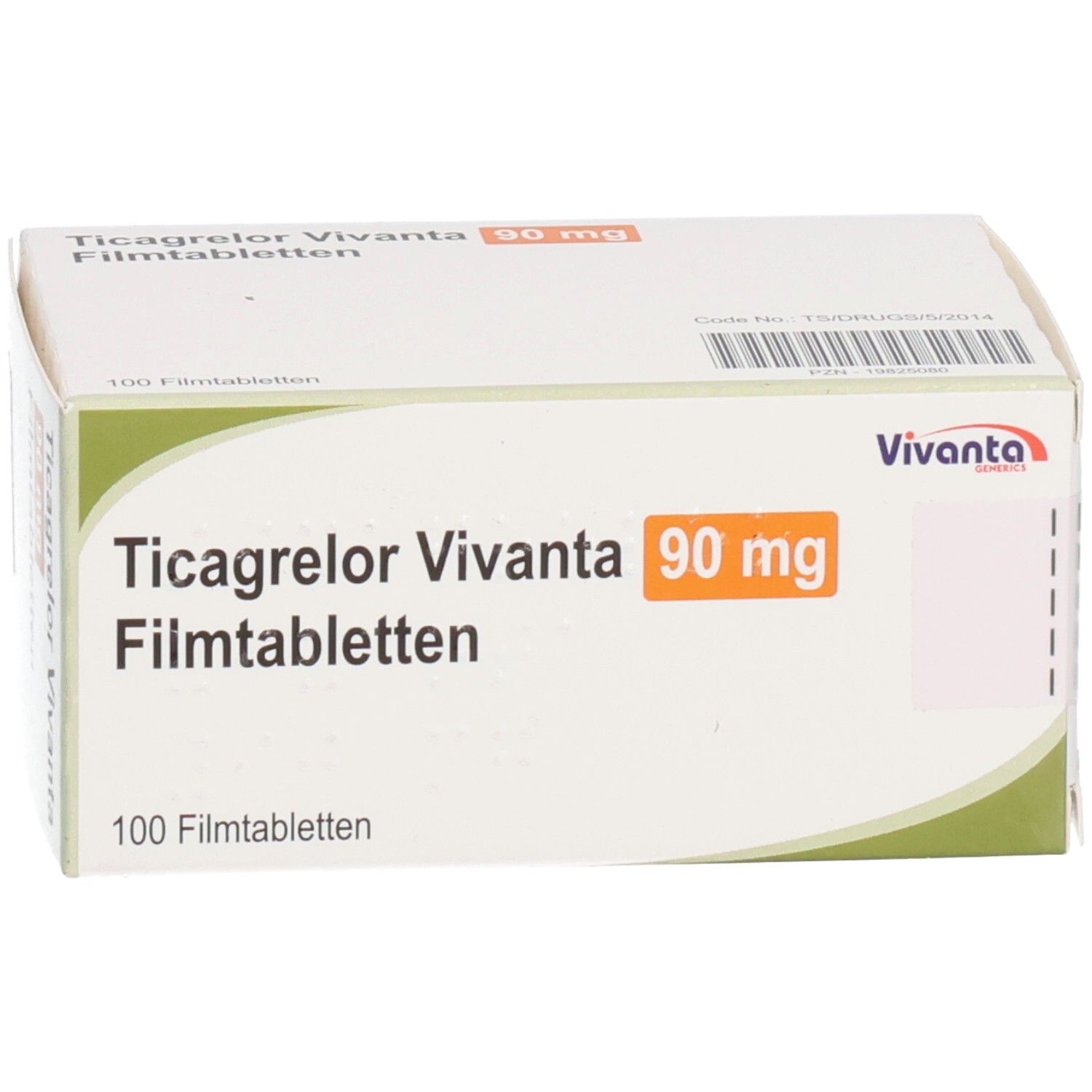 Schachtel mit Ticagrelor Vivanta 90 mg Filmtabletten. 100 Tabletten. Vivanta-Logo. Grün-weiße Verpackung.