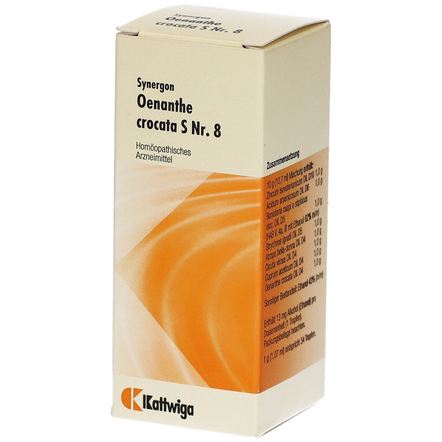 Karton von SYNERGON KOMPLEX 8 Oenanthe crocata S Tropfen. Aufdruck: Name, Zusammensetzung, homöopathisches Arzneimittel. Logo: Kattwiga.