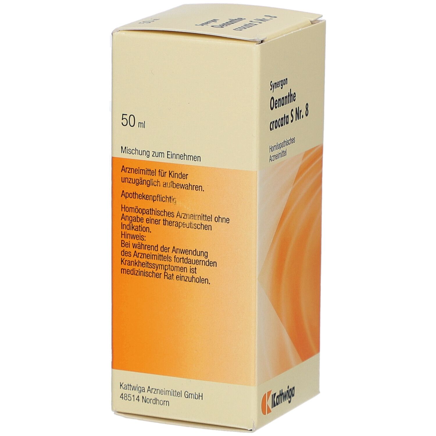 Karton von SYNERGON KOMPLEX 8 Oenanthe crocata S Tropfen. Aufdruck: 50 ml, Mischung zum Einnehmen, homöopathisches Arzneimittel. Logo: Kattwiga.
