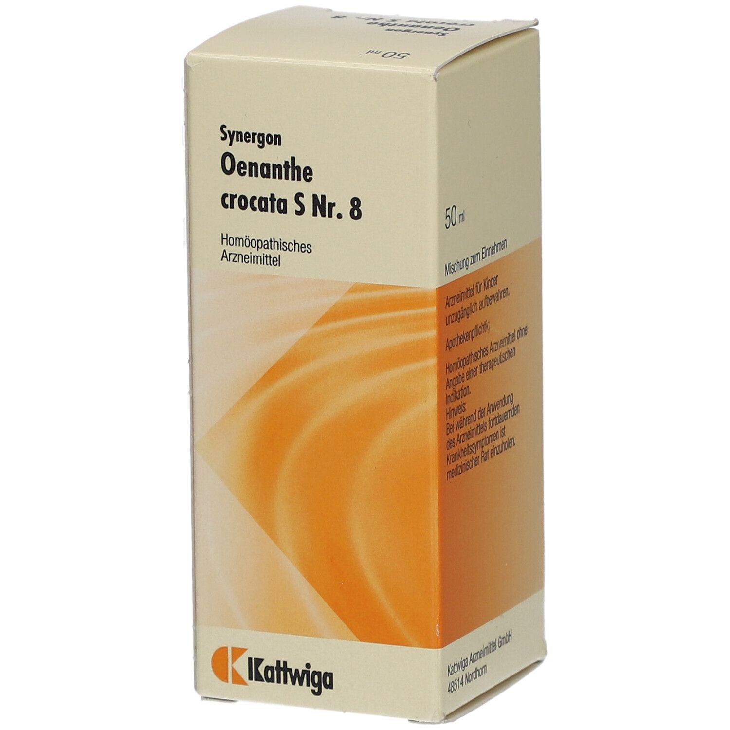 Karton von SYNERGON KOMPLEX 8 Oenanthe crocata S Tropfen. Aufdruck: 50 ml, homöopathisches Arzneimittel. Logo: Kattwiga.