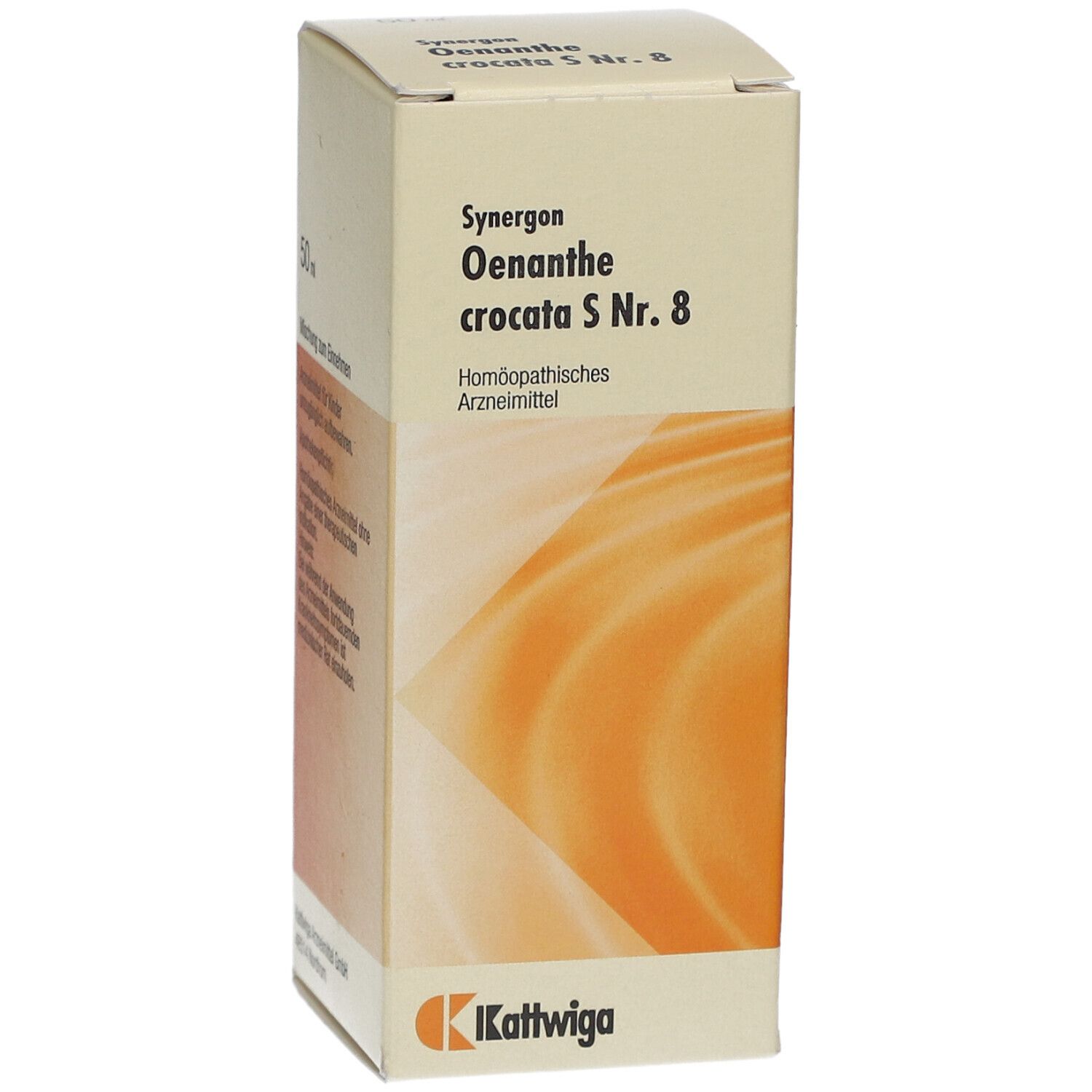 Karton von SYNERGON KOMPLEX 8 Oenanthe crocata S Tropfen. Aufdruck: Name, homöopathisches Arzneimittel. Logo: Kattwiga.