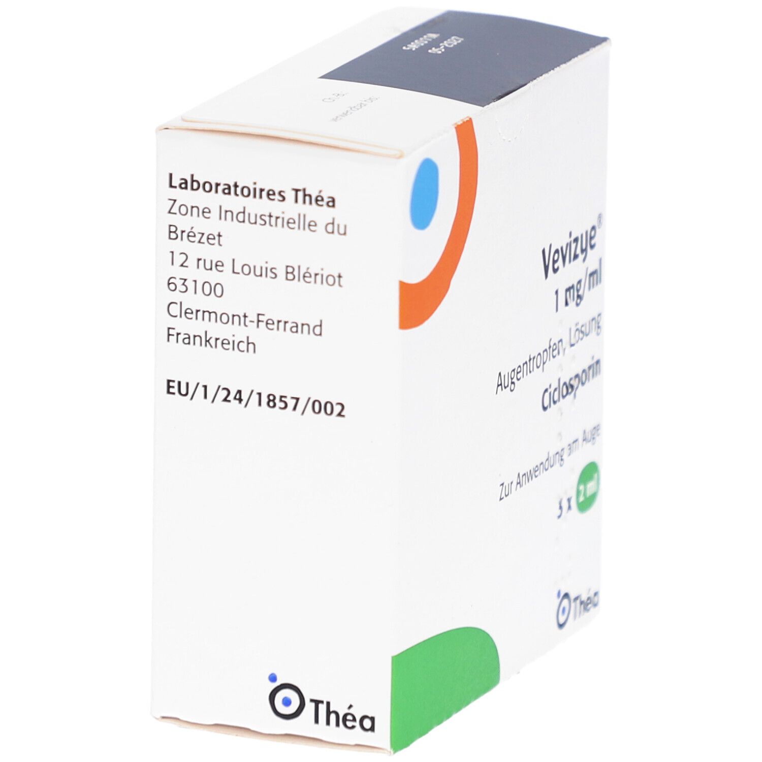 Weiße Faltschachtel mit Produktinformationen. Hersteller: Laboratoires Théa. Logo Thea. Text in Französisch.