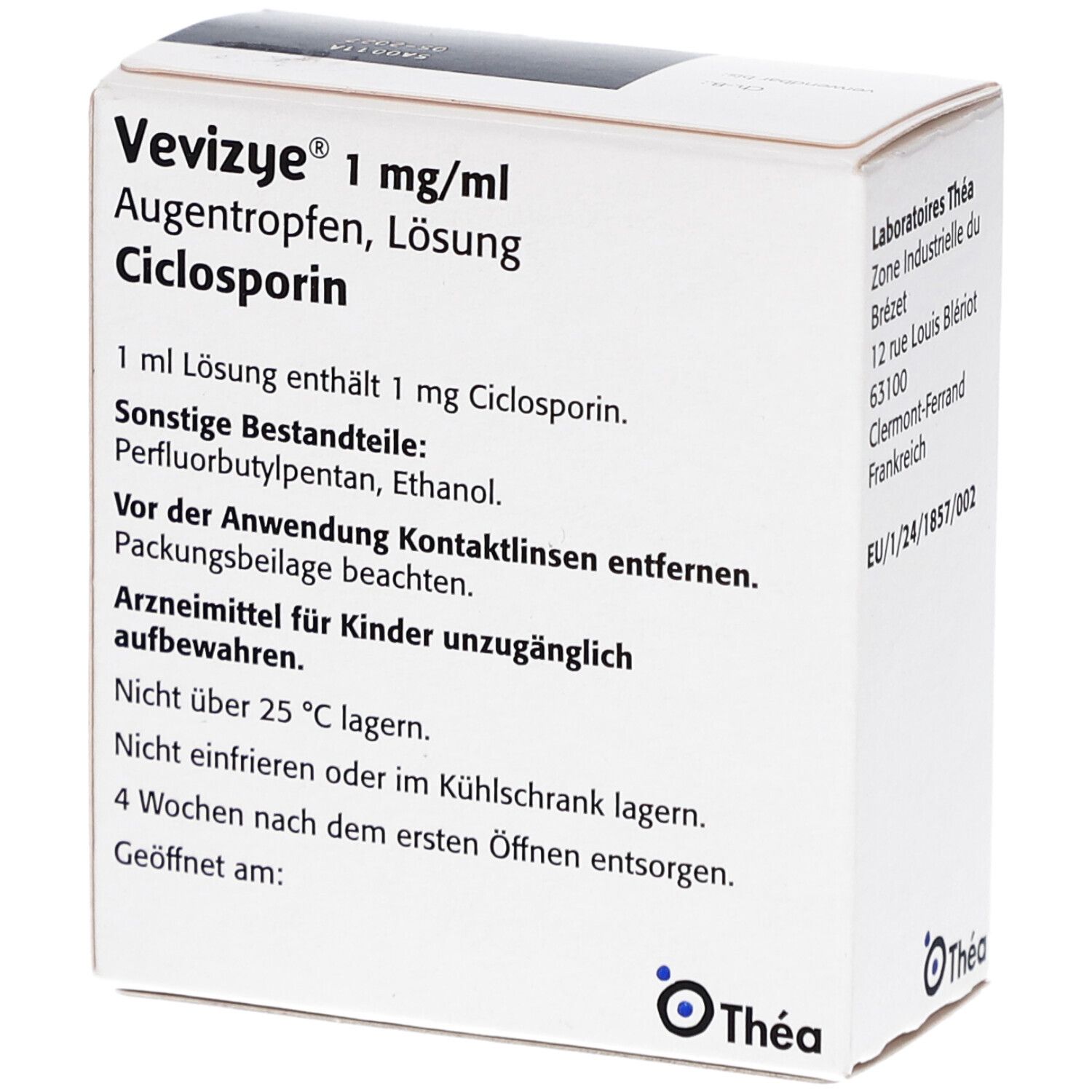 Weiße Faltschachtel mit Produktnamen Vevizye 1 mg/ml Augentropfen. Enthält Informationen und Inhaltsstoffe. Logo Thea.