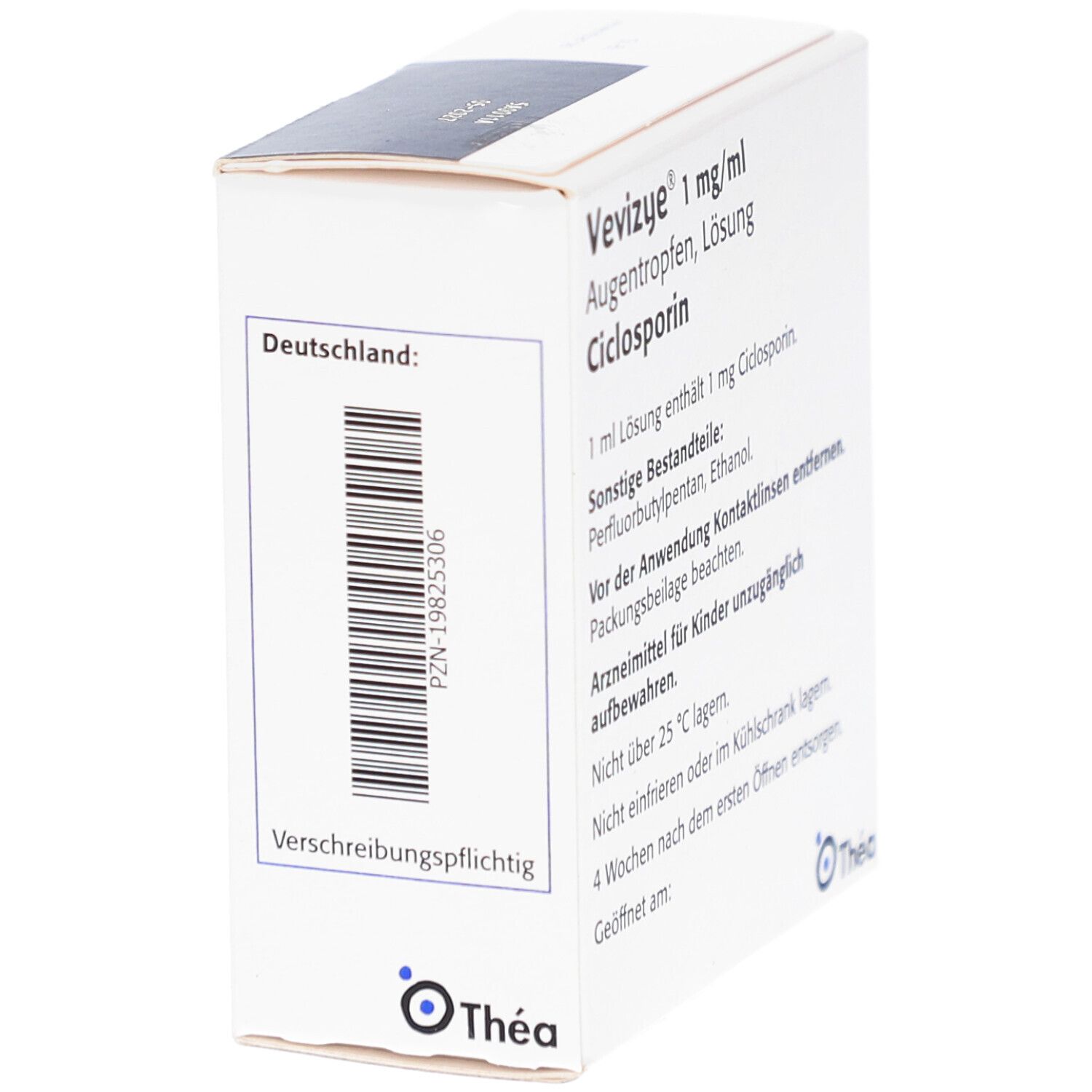 Weiße Faltschachtel mit Barcode und Text. Logo Thea. Text in Deutsch. Verschreibungspflichtig.