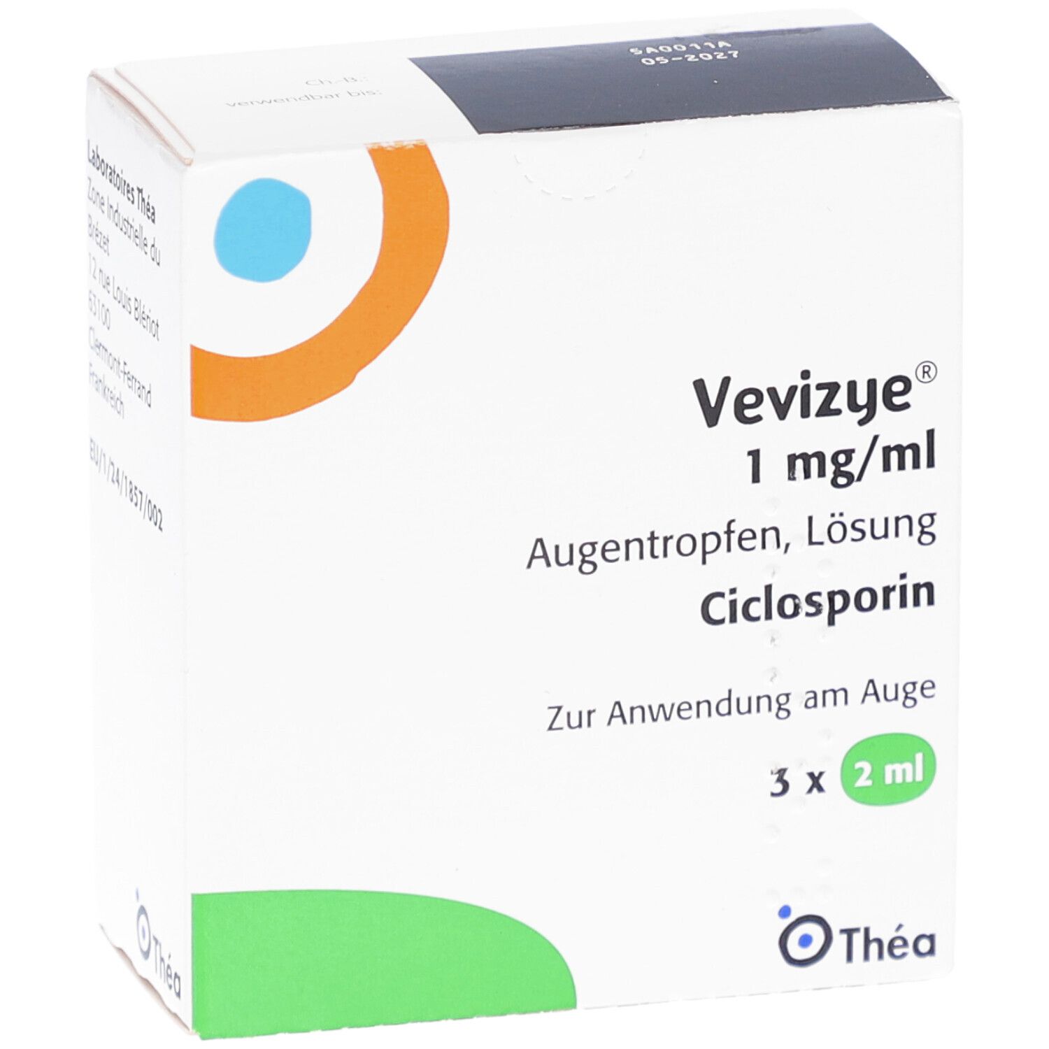 Weiße Faltschachtel mit Produktnamen Vevizye 1 mg/ml Augentropfen. Enthält 3 x 2 ml. Logo Thea.