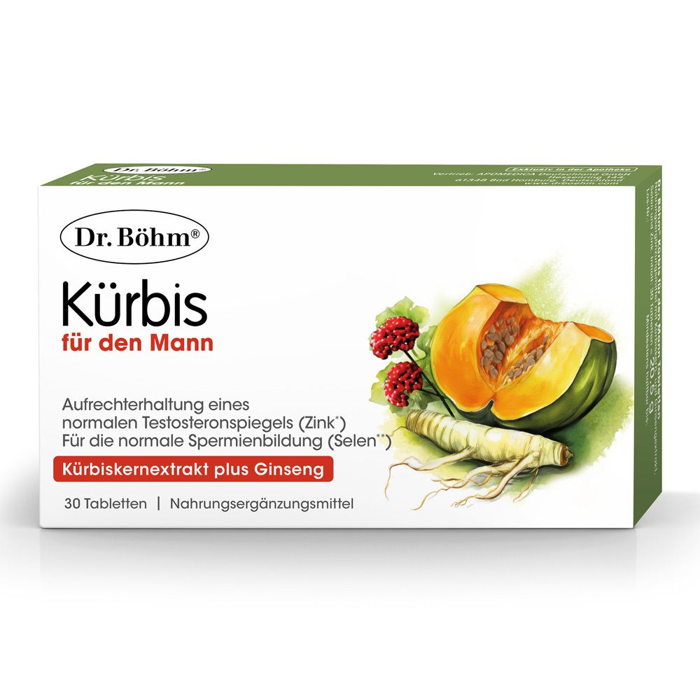 Grüne Schachtel mit Produktnamen und Kürbis-Illustration. Enthält 30 Tabletten. Nahrungsergänzungsmittel.