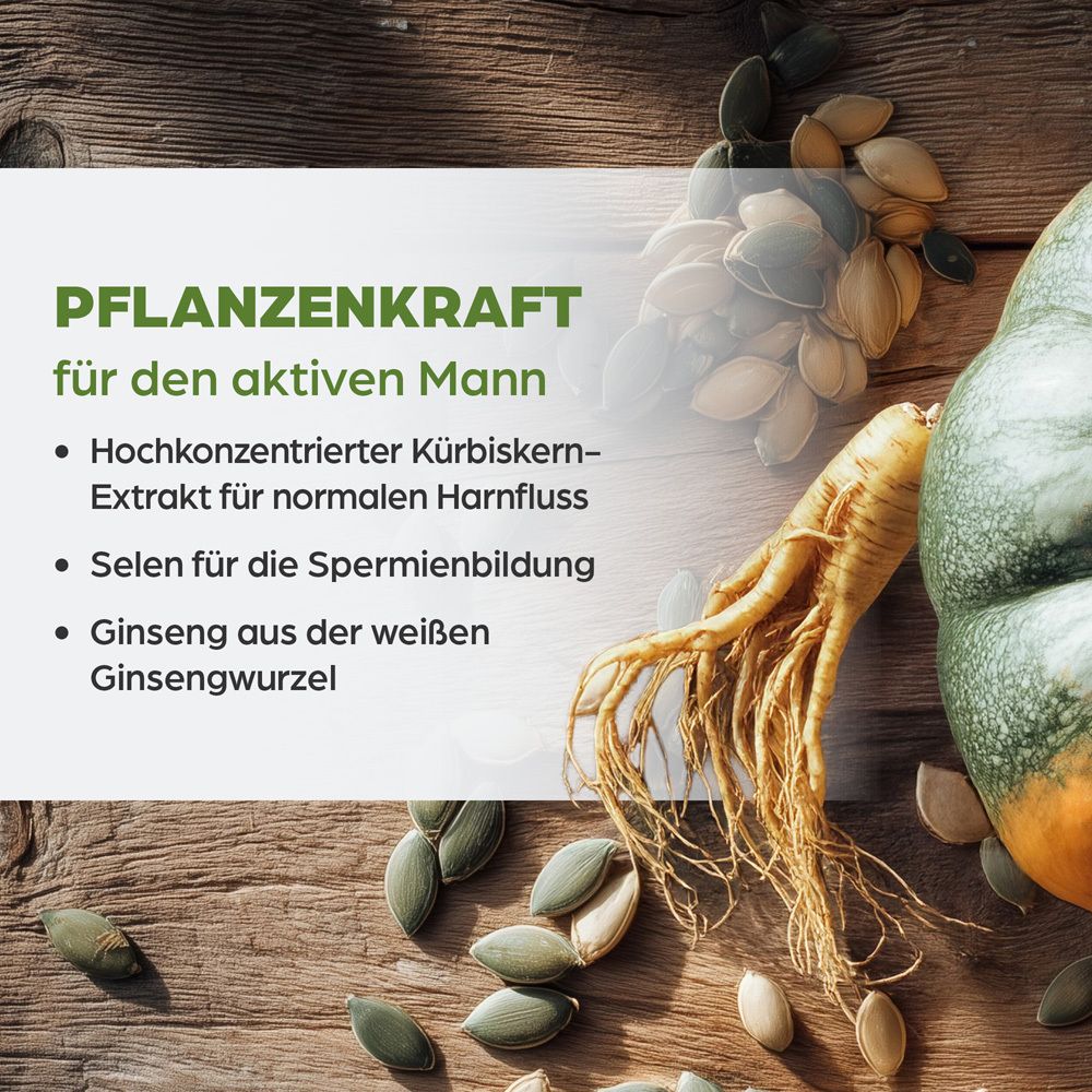 Nahaufnahme von Kürbis, Ginseng und Samen. Text: Pflanzkraft für den aktiven Mann. Produktinformationen.