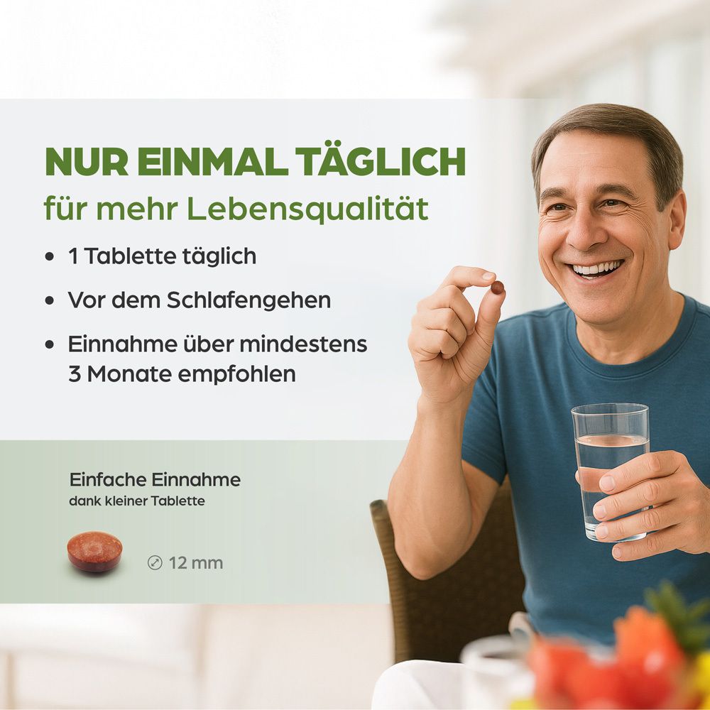 Mann nimmt Tablette. Text: Nur einmal täglich. Tablette 12 mm. Einnahme über 3 Monate empfohlen.