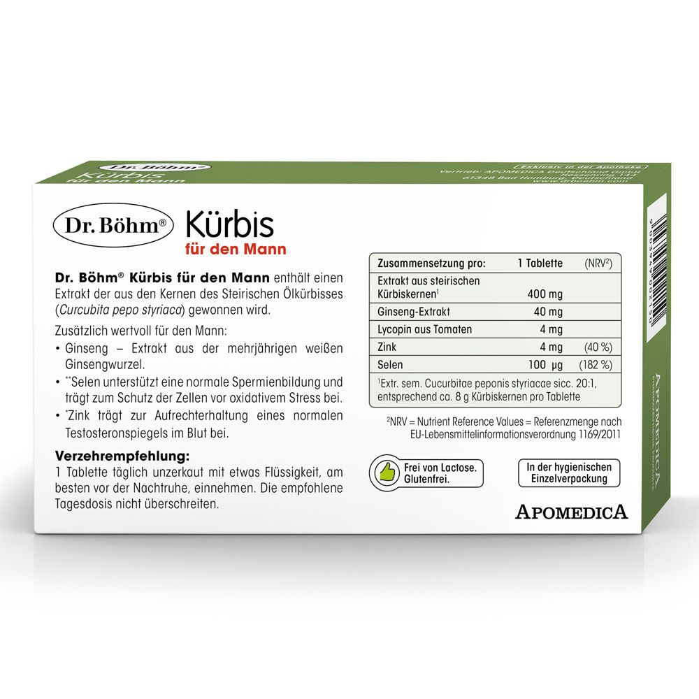 Produktverpackung mit Inhaltsangaben und Nährwerttabelle. Enthält 30 Tabletten. Apotheken-Logo.