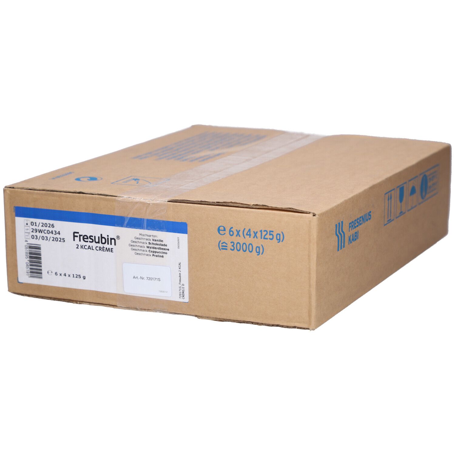 Karton mit FRESUBIN 2 kcal Creme. Aufdrucke: Haltbarkeit, Gewicht, Chargennummer. Braun, rechteckig.