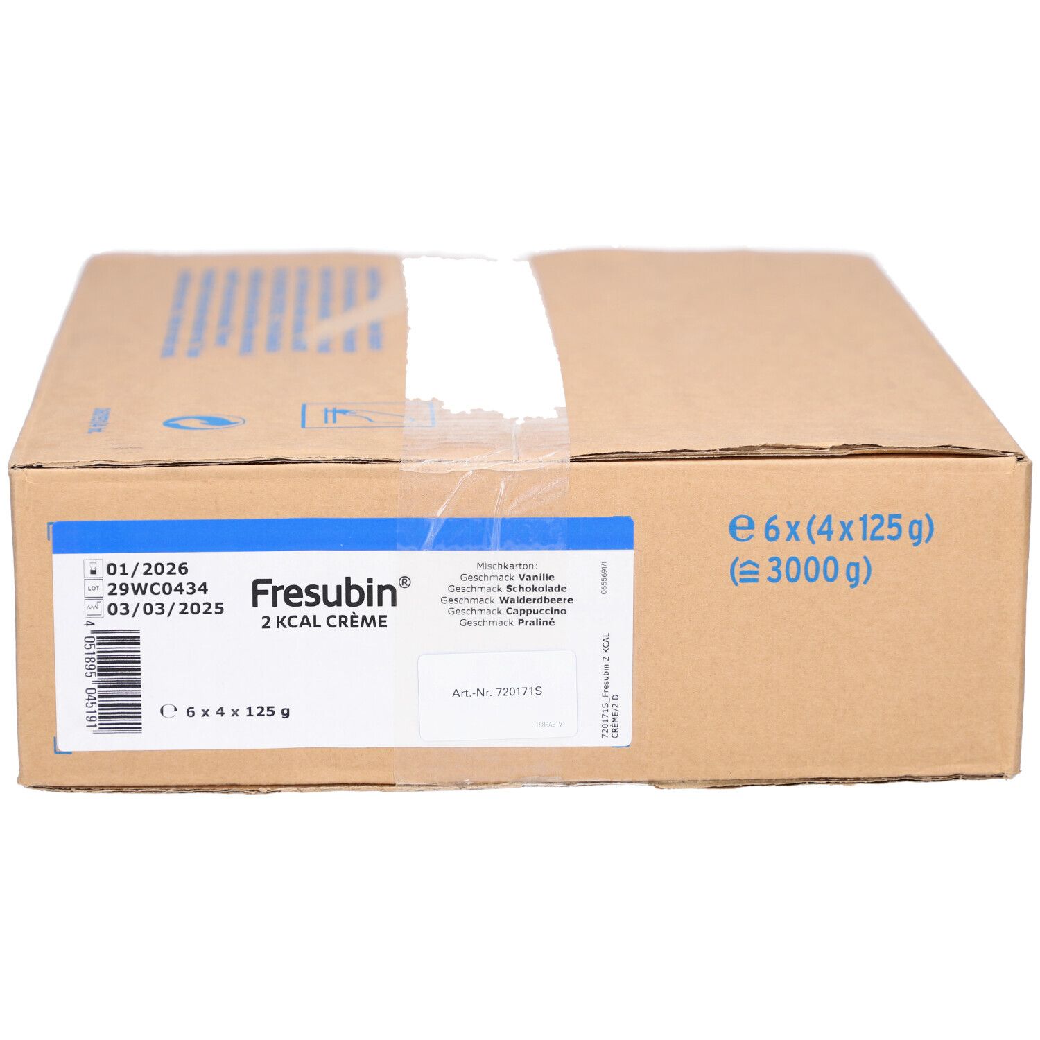 Karton mit FRESUBIN 2 kcal Creme. Aufdrucke: Haltbarkeit, Gewicht, Geschmacksrichtungen. Braun, rechteckig.