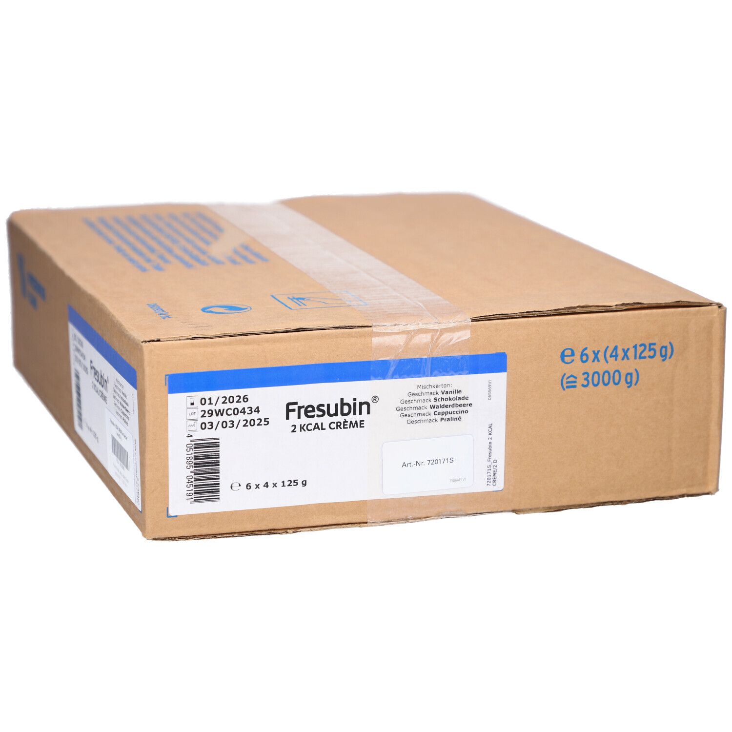 Karton mit FRESUBIN 2 kcal Creme. Aufdrucke: Haltbarkeit, Gewicht, Chargennummer. Braun, rechteckig.