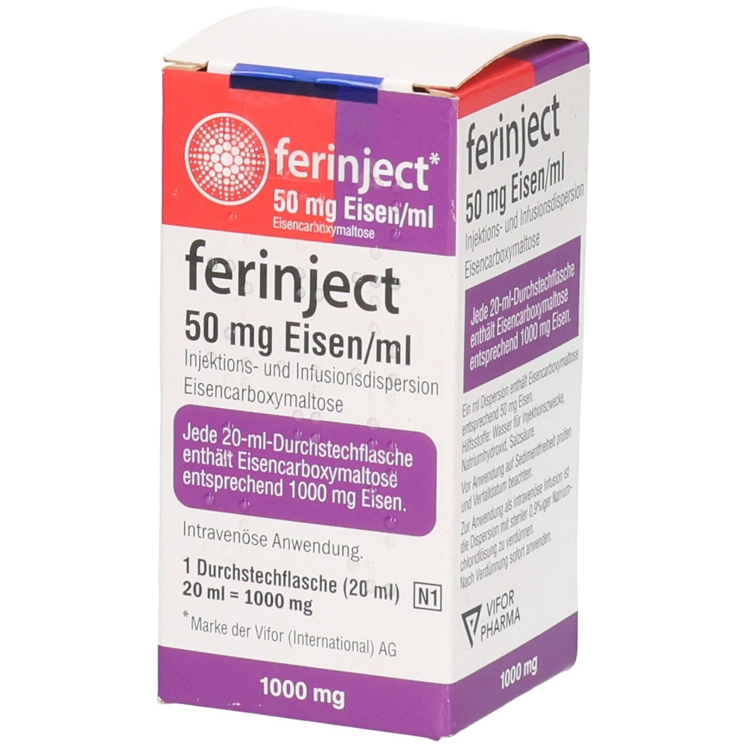 FERINJECT 50 mg Eisen/ml Injektions- und Infusionsdispersion, 1000 mg Eisen. Kartonverpackung.