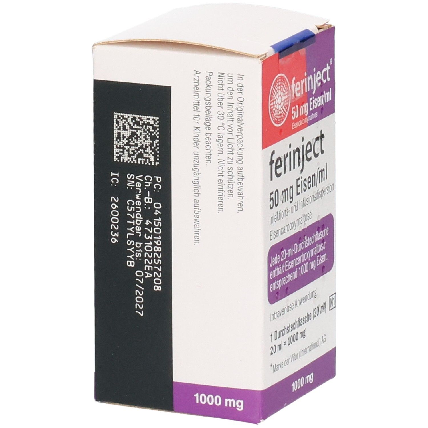 FERINJECT 50 mg Eisen/ml. Rückseite der Kartonverpackung mit Barcode und Verfallsdatum.