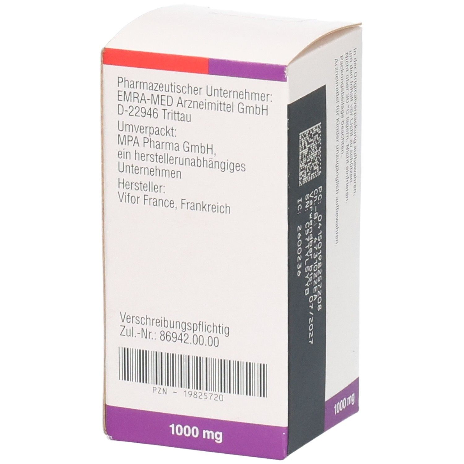 FERINJECT 50 mg Eisen/ml. Seitenansicht der Kartonverpackung mit Herstellerinformationen.