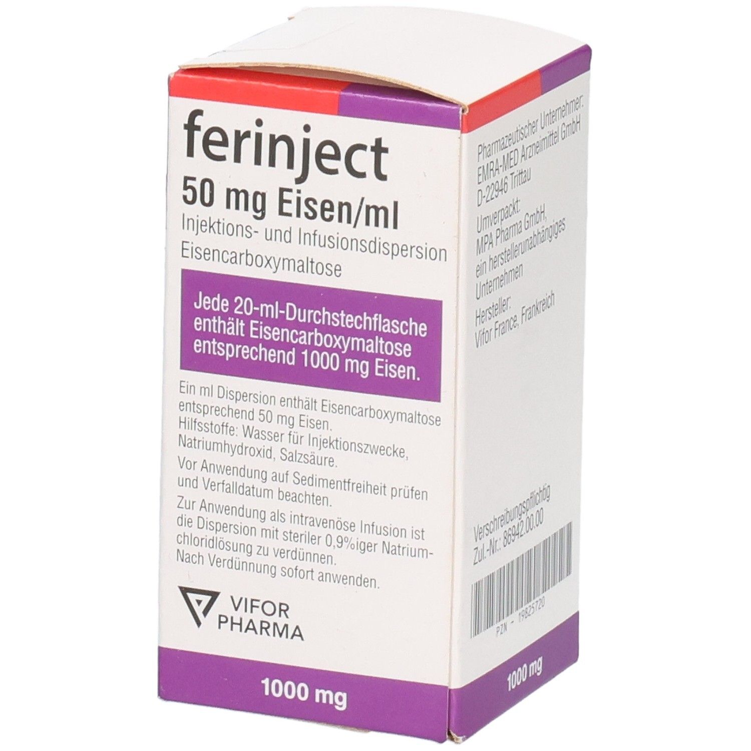 FERINJECT 50 mg Eisen/ml. Seitenansicht der Kartonverpackung mit Herstellerinformationen.