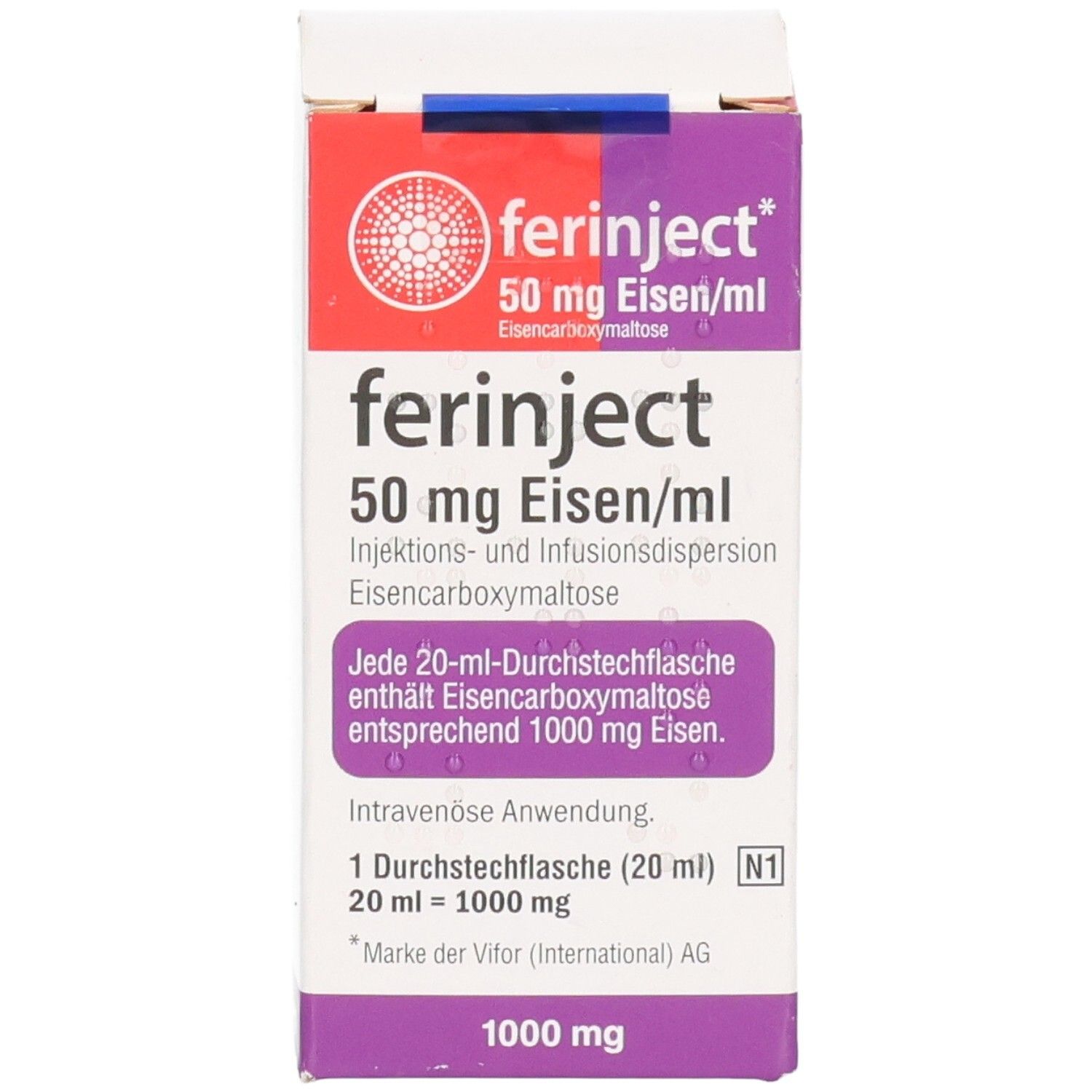 FERINJECT 50 mg Eisen/ml Injektions- und Infusionsdispersion, 1000 mg Eisen. Vorderseite der Kartonverpackung.