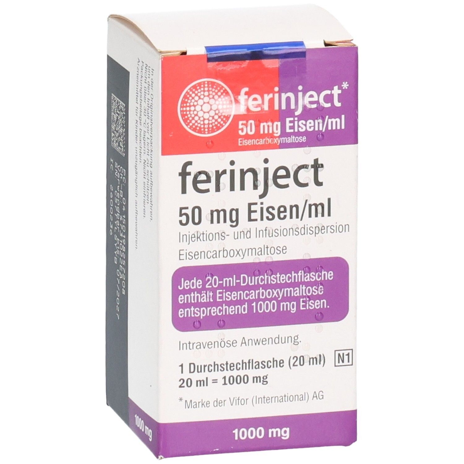 FERINJECT 50 mg Eisen/ml Injektions- und Infusionsdispersion, 1000 mg Eisen. Kartonverpackung, leicht schräg.