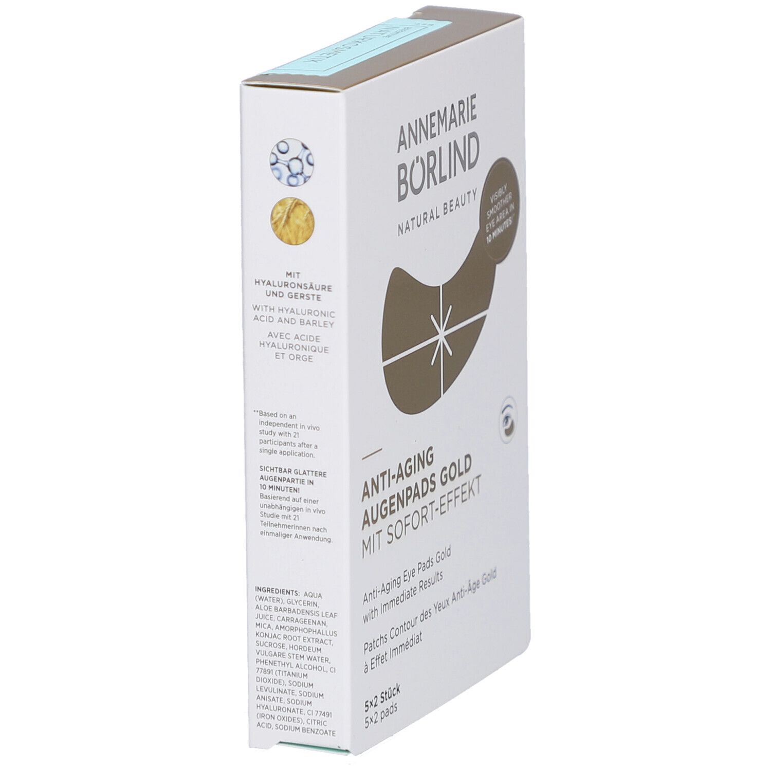 Verpackung von Augenpads. Marke: ANNEMARIE BÖRLIND. Produktname: Anti-Aging Augenpads Gold. Mit Sofort-Effekt. Inhaltsstoffe.