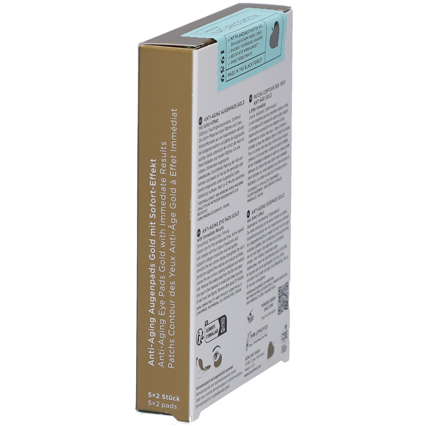 Verpackung von Augenpads. Marke: ANNEMARIE BÖRLIND. Produktname: Anti-Aging Augenpads Gold. Mit Sofort-Effekt. Rückseite.