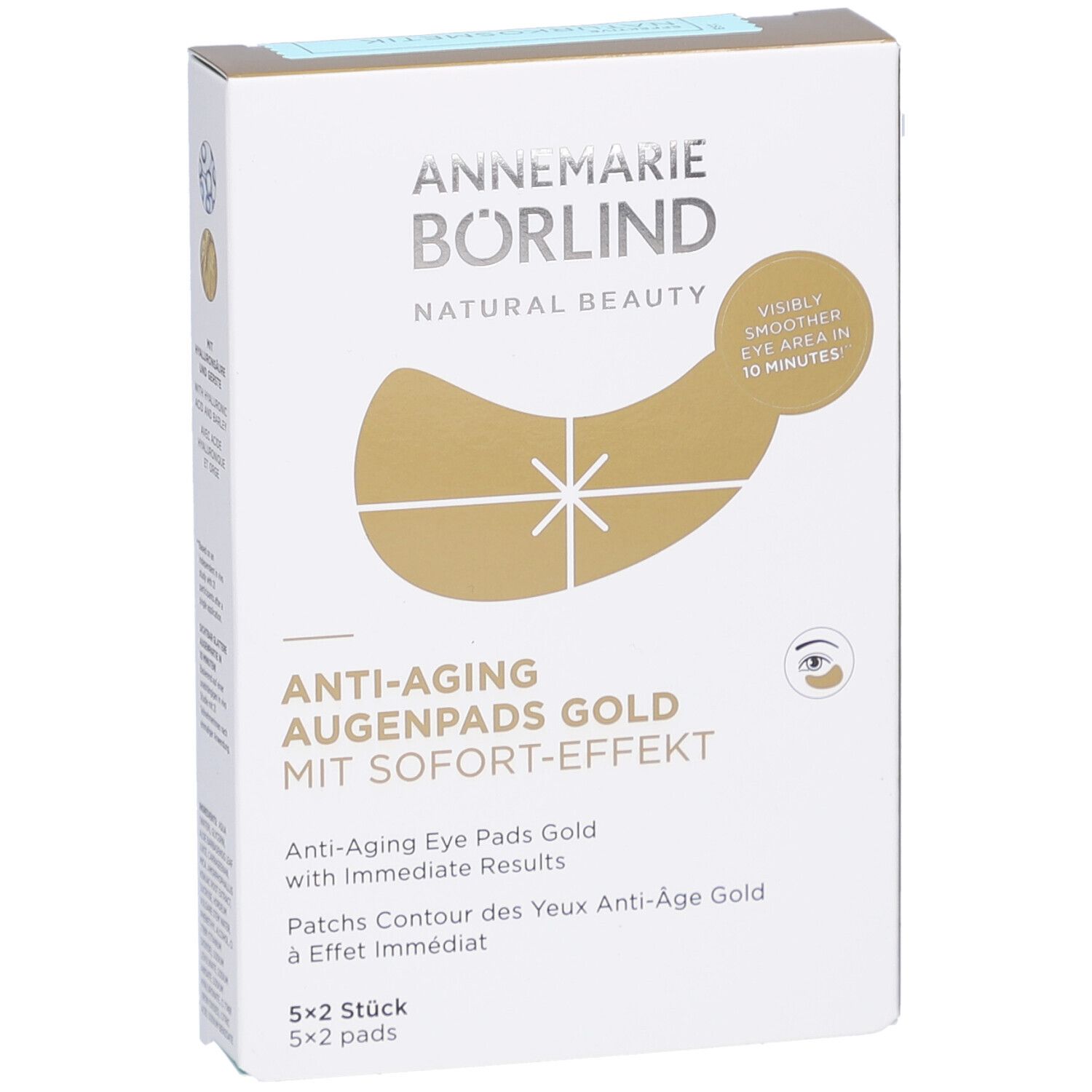 Verpackung von Augenpads. Marke: ANNEMARIE BÖRLIND. Produktname: Anti-Aging Augenpads Gold. Mit Sofort-Effekt. 5x2 Stück.