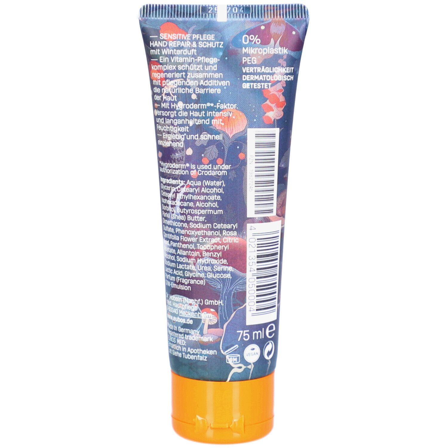 Rückseite der Tube mit Produktinformationen und Inhaltsstoffen. Barcode und Volumenangabe: 75 ml. Orangefarbener Verschluss.