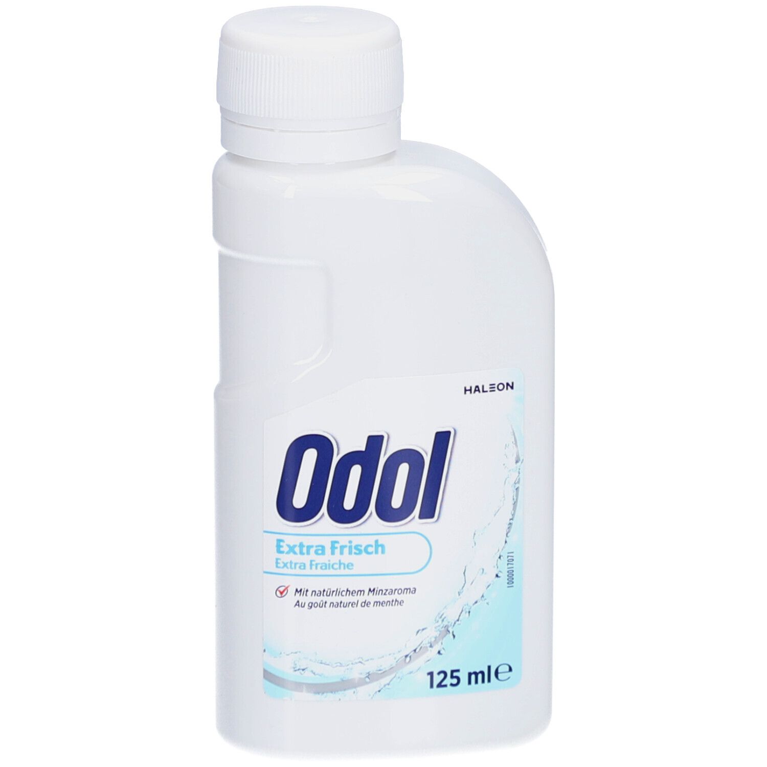Weiße Flasche mit blauem Etikett. Aufschrift: Odol Extra Frisch. 125 ml. Mit natürlichem Minzaroma.