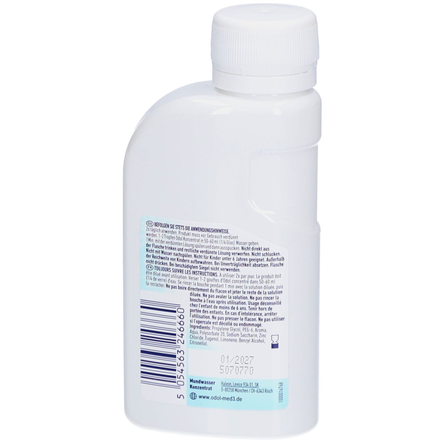 Rückseite der weißen Flasche. Text in mehreren Sprachen. Barcode und Ablaufdatum 01/2027.