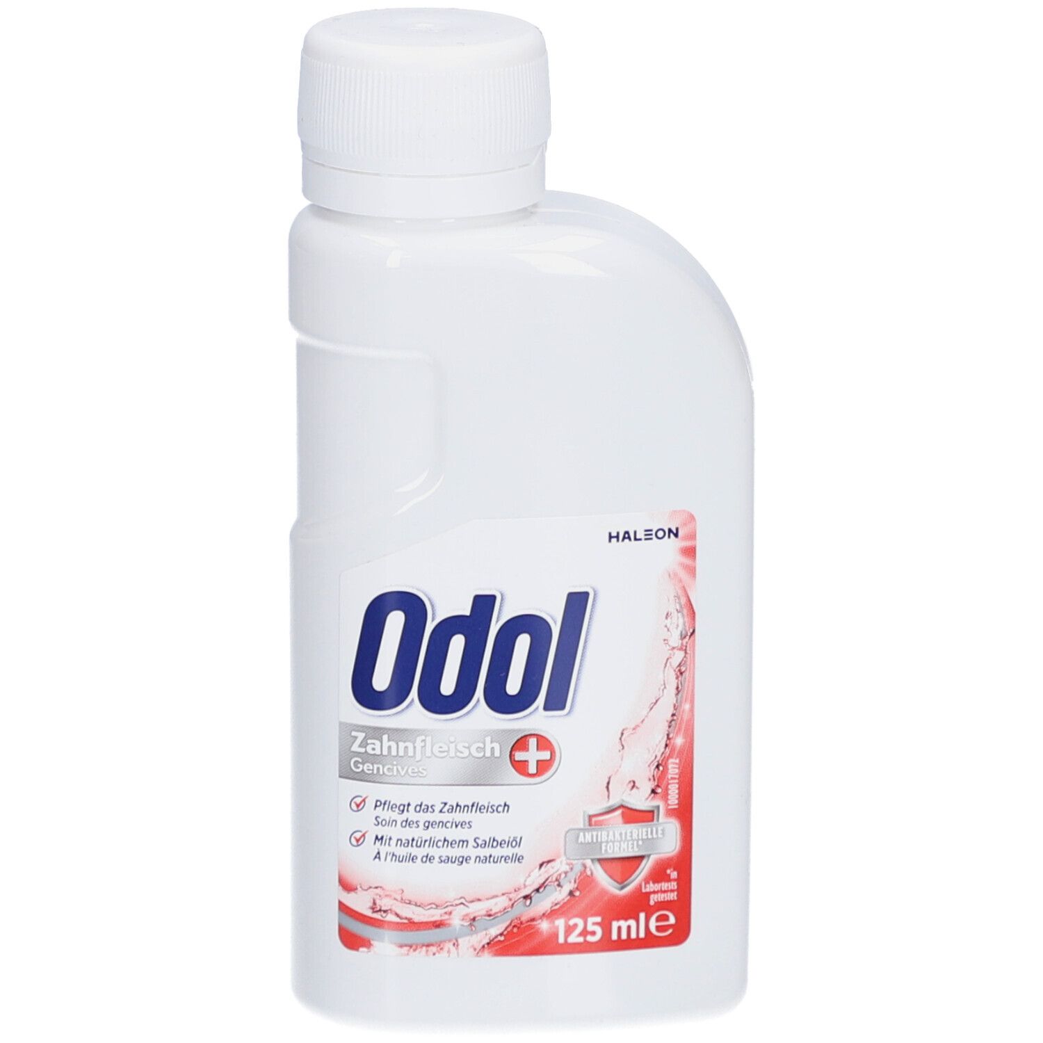 Weiße Flasche mit Schraubverschluss. Aufkleber mit Produktnamen Odol Zahnfleisch+ und rotem Design. 125 ml.