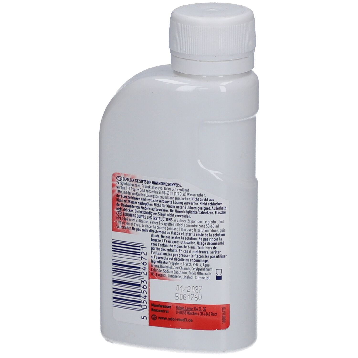 Rückseite der weißen Flasche. Etikett mit Text, Barcode und Haltbarkeitsdatum 01/2027.