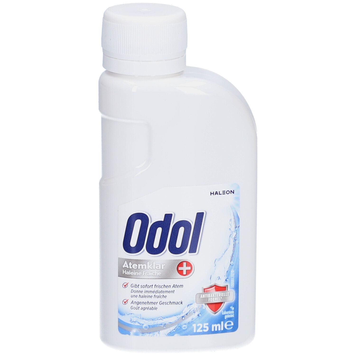 Weiße Flasche Odol Mundwasser Plus. Blauer Schriftzug, rotes Plus-Zeichen. Aufdruck: Atemklar, Halsschmerzen.