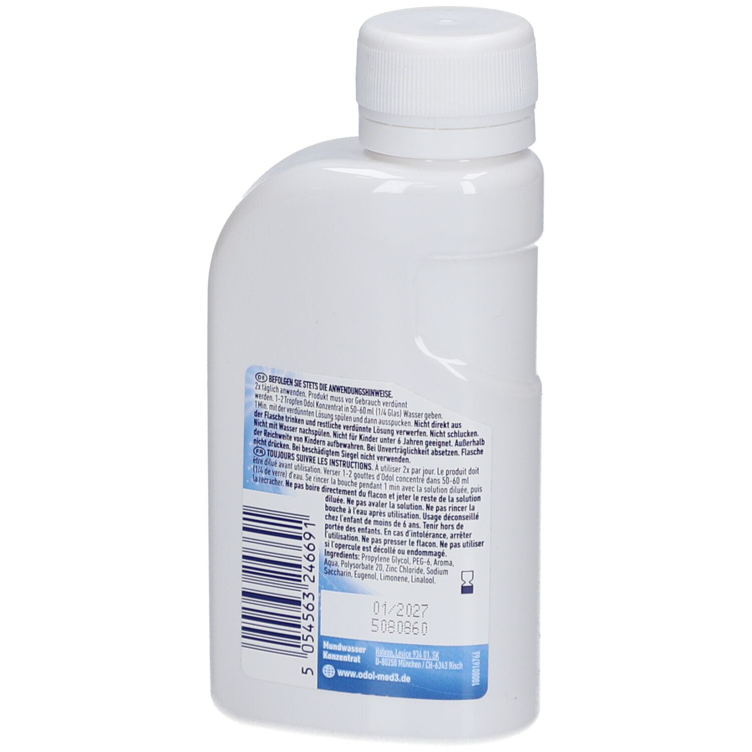 Rückseite der weißen Flasche Odol Mundwasser Plus. Text und Barcode. Aufdruck: Mundwasser, 01/2027.