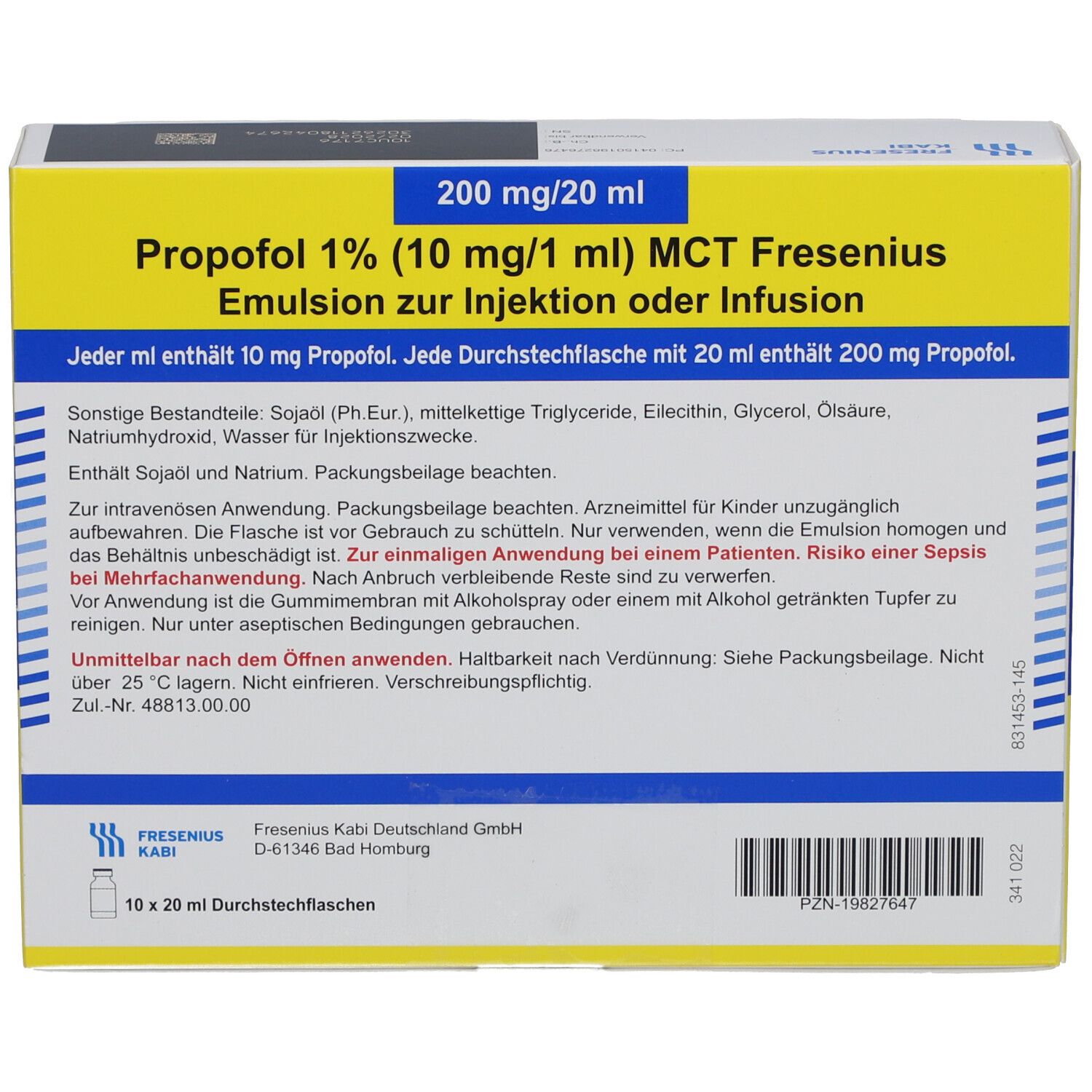 Karton mit Aufschrift Propofol 1% (10 mg/1 ml) MCT Fresenius. Enthält 10 Durchstechflaschen. Text in Deutsch.