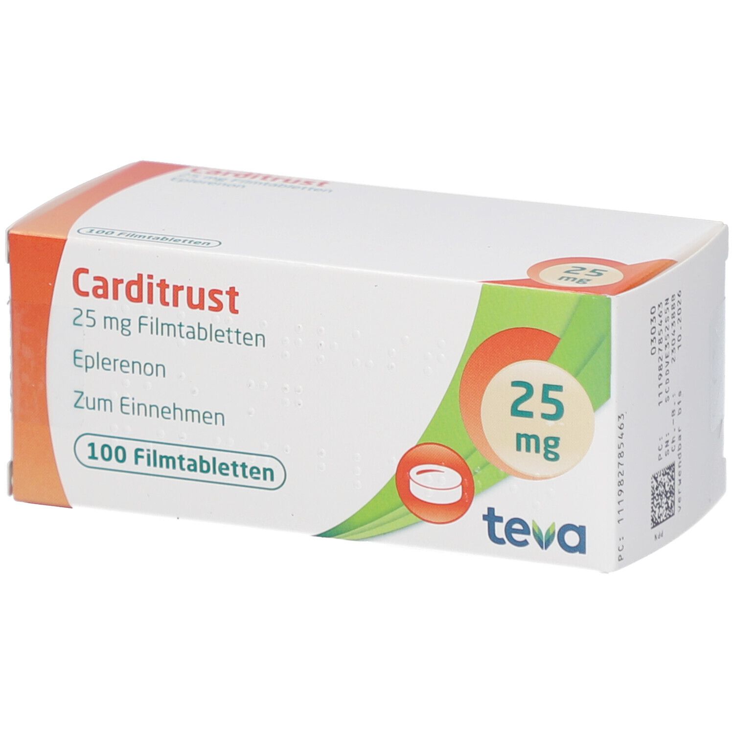 Schachtel mit "Carditrust 25 mg Filmtabletten". Orange-weißes Design. 100 Filmtabletten. Teva-Logo.