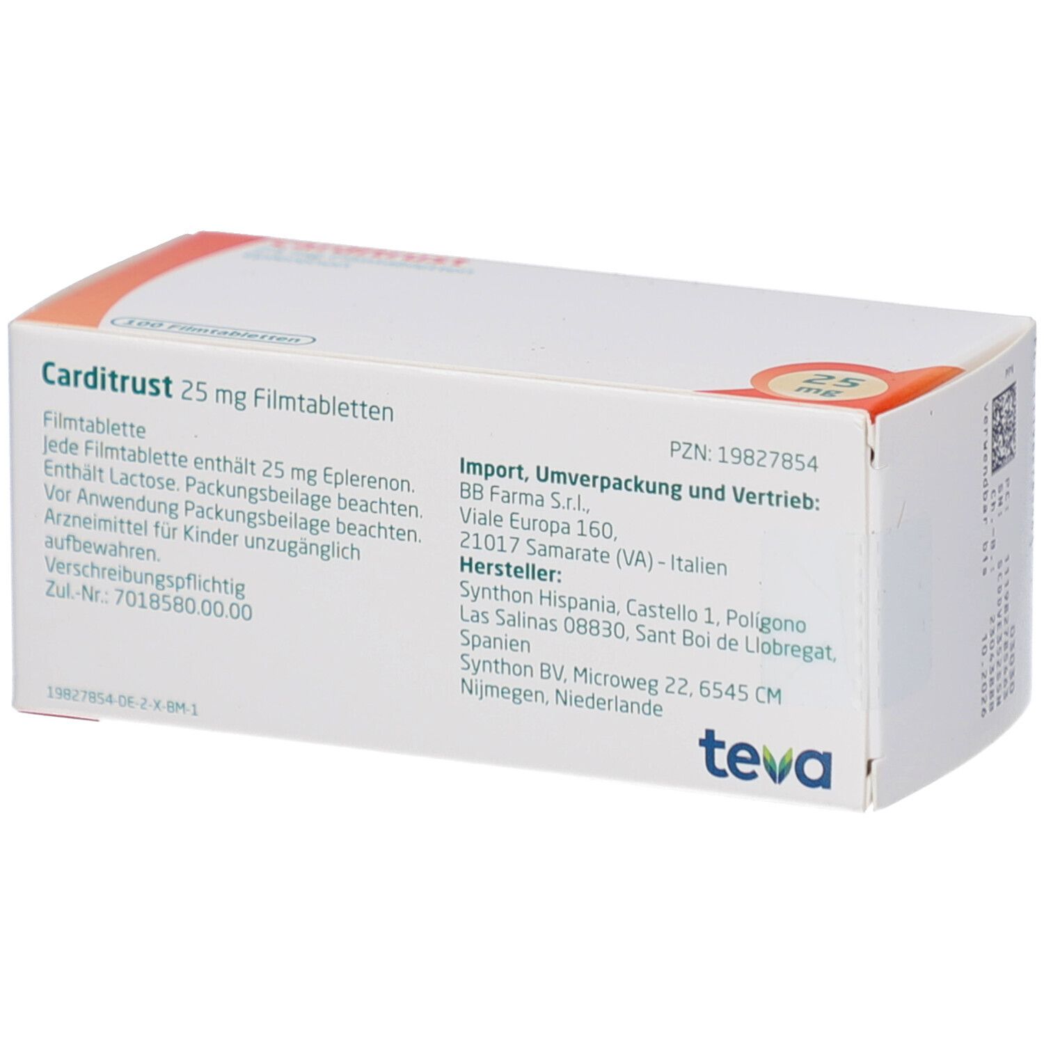 Schachtel "Carditrust 25 mg Filmtabletten". Text auf Deutsch. Teva-Logo. PZN-Nummer.