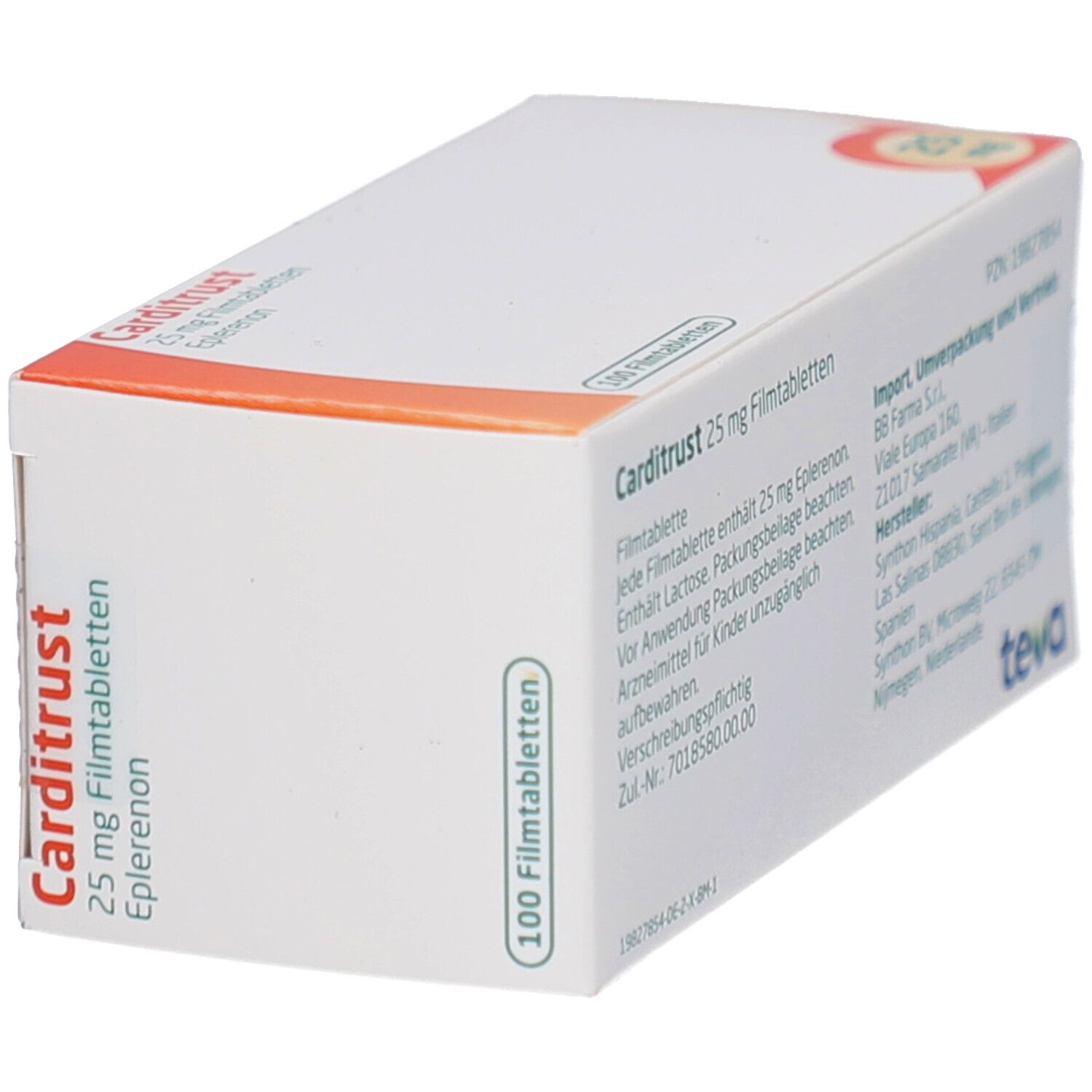 Schachtel "Carditrust 25 mg Filmtabletten". Weiß, orange und grün. 100 Filmtabletten. Teva-Logo.