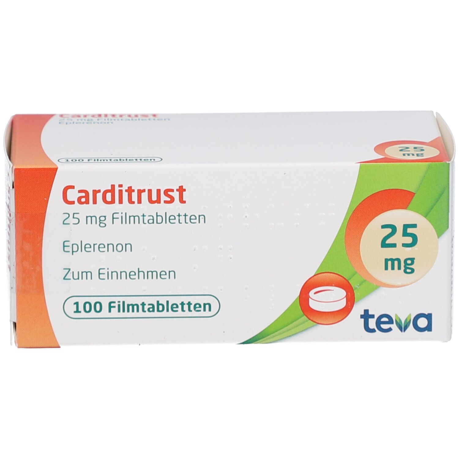 Schachtel "Carditrust 25 mg Filmtabletten". Orange-weißes Design. 100 Filmtabletten. Teva-Logo.