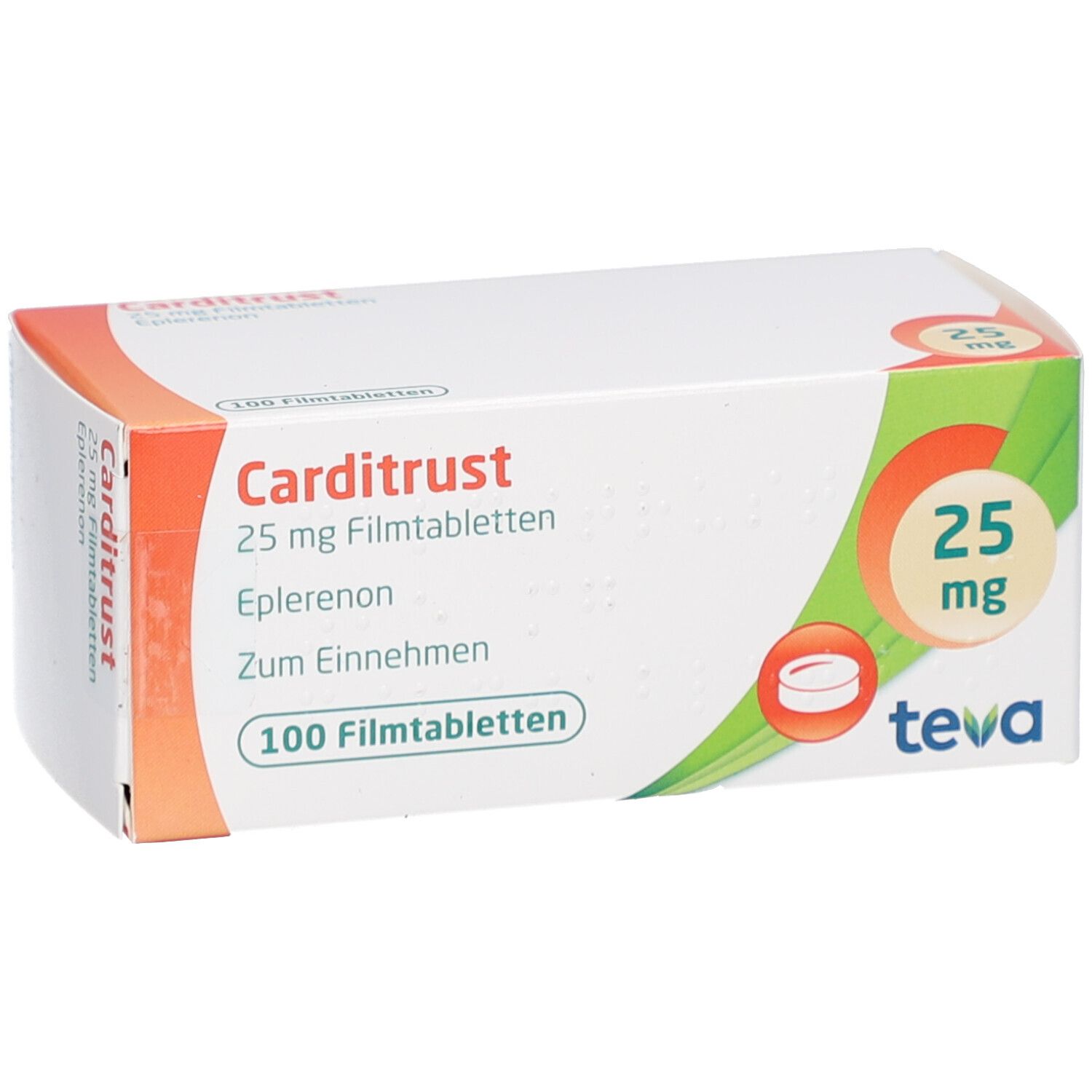 Schachtel "Carditrust 25 mg Filmtabletten". Orange-weißes Design. 100 Filmtabletten. Teva-Logo.