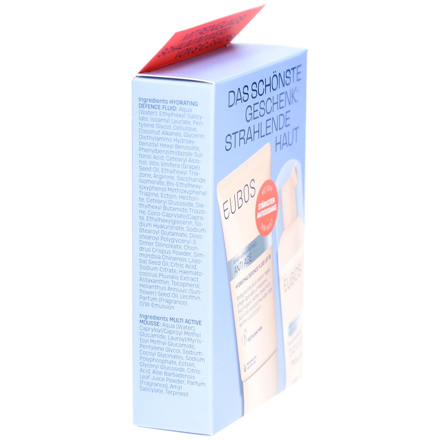 Blaue Verpackung mit Text. Enthält Inhaltsstoffe. Roter Aufkleber oben. EUBOS Logo und Produktnamen sind sichtbar.