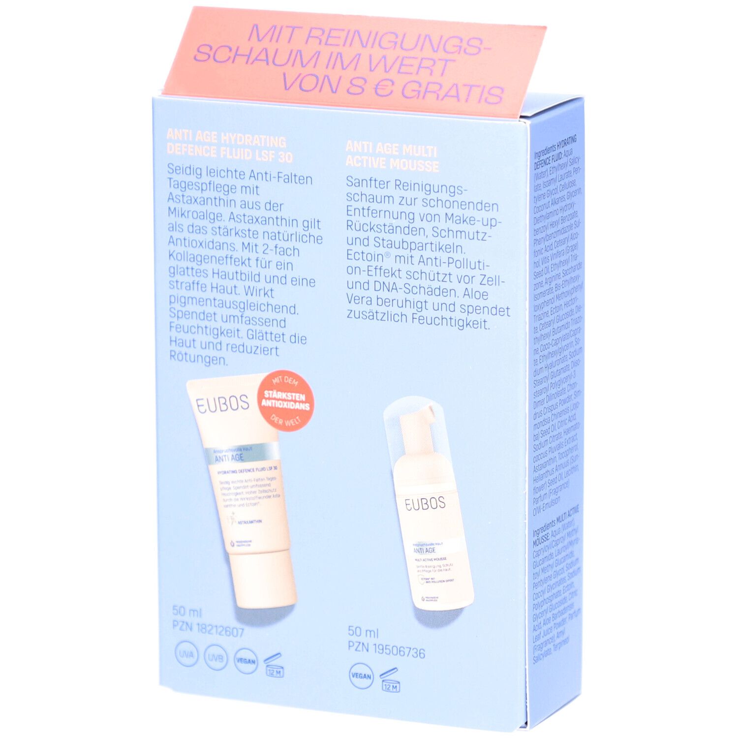 Rückseite der Geschenkbox. Enthält zwei Produkte: Tube und Flasche. Text und Logo von EUBOS. Roter Aufkleber oben.