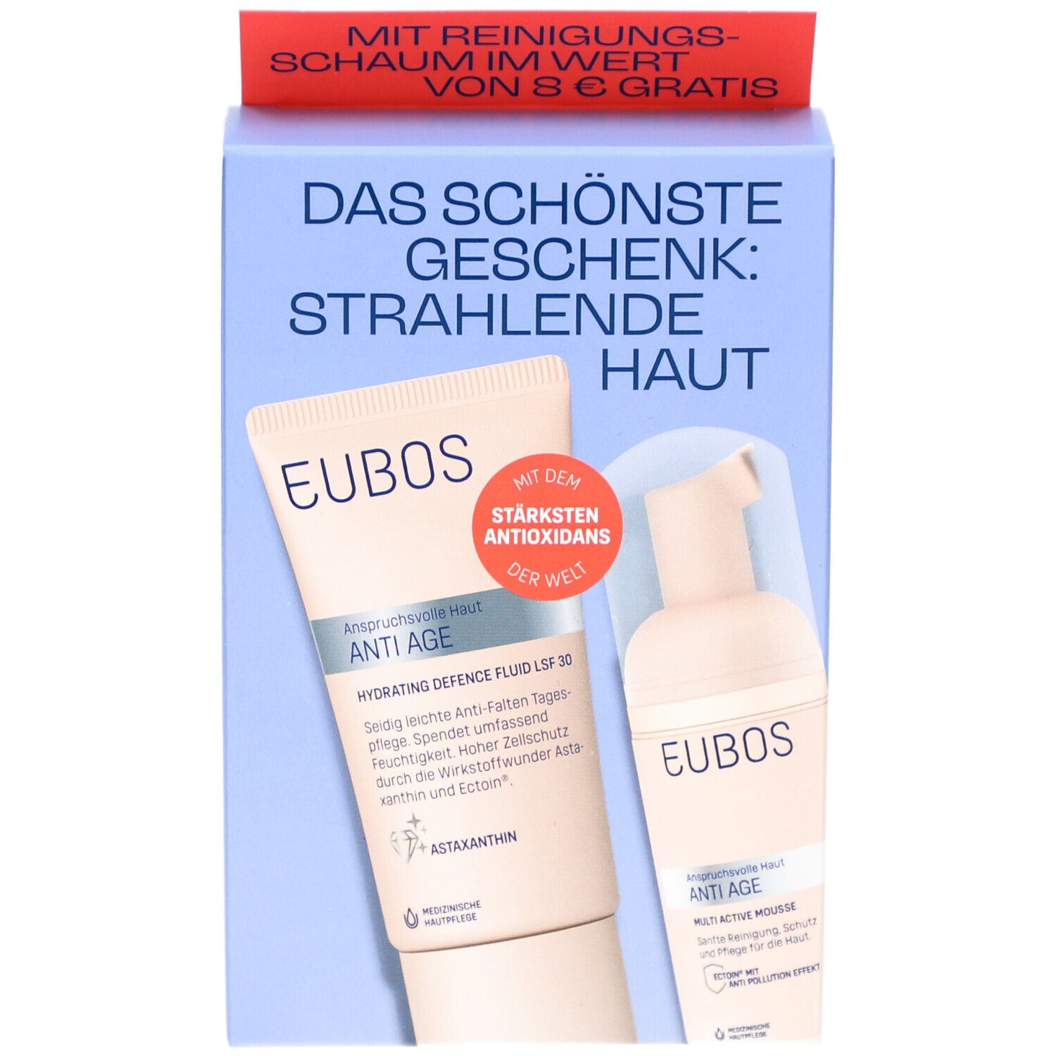 Geschenkset mit zwei Produkten. Blaue Verpackung mit Text und Logo. Enthält eine Tube und eine Flasche. Roter Aufkleber oben.