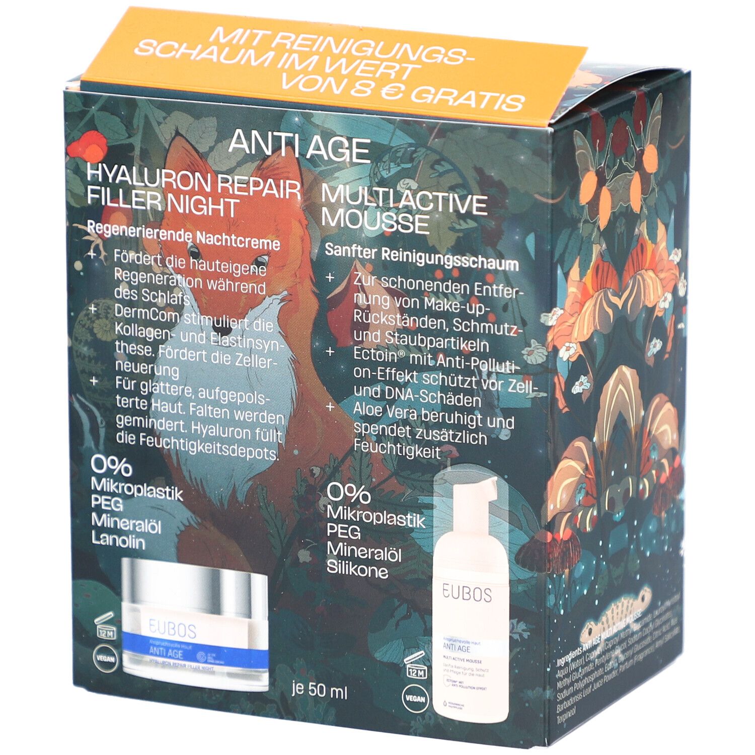 Geschenkset mit Fuchs-Illustration. Enthält Creme und Reinigungsschaum. EUBOS-Logo und Produktnamen sichtbar. Text: Anti Age.