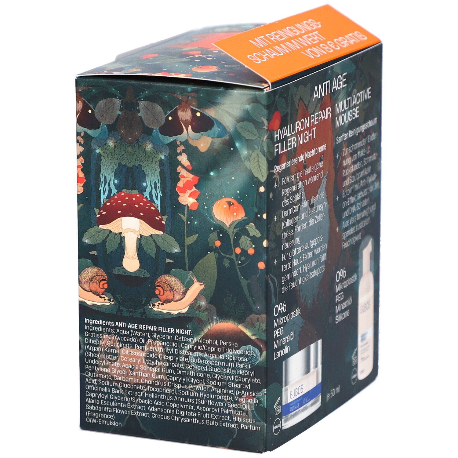 Geschenkbox mit Fuchs-Illustration. Rückseite mit Produktinformationen und Inhaltsstoffen. EUBOS-Logo und Produktnamen sichtbar.